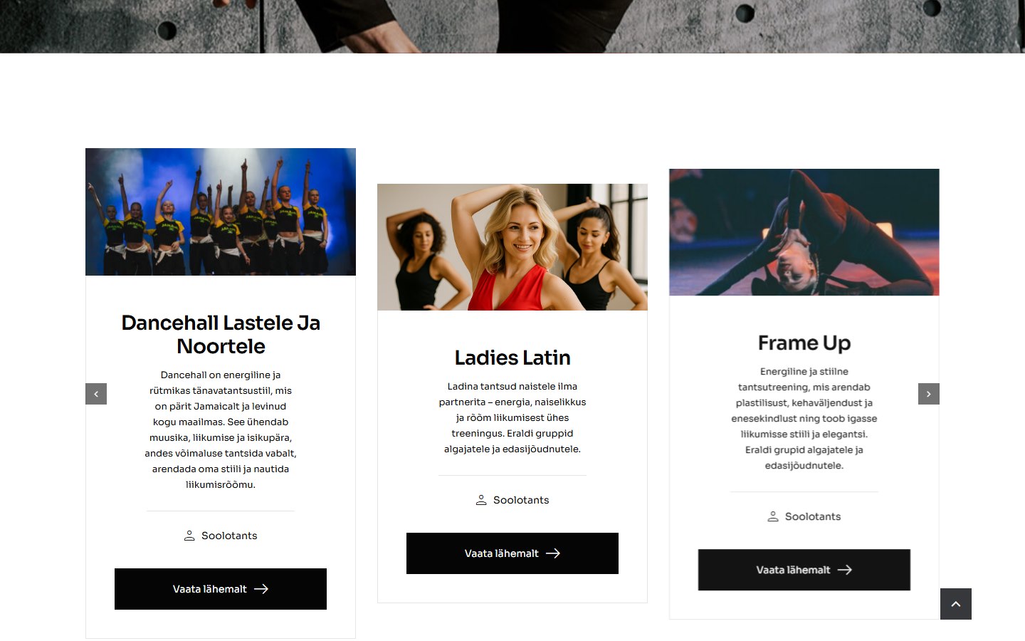 Tantsustuudio Motion kodulehe treeningute kaardid